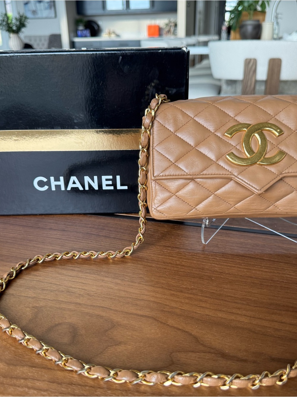 Vintage Chanel Caramel Lambskin Quilted Flap Bag Large CC Gold Hardware
